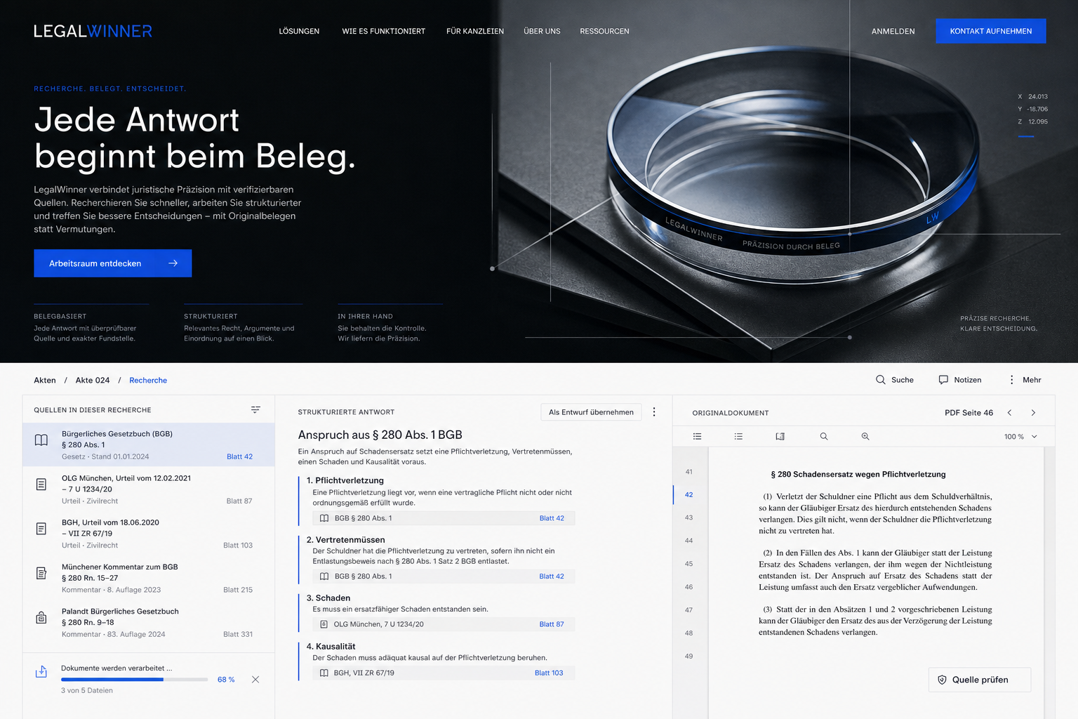 Instrument: visuelles Konzept für Landingpage und juristischen Arbeitsraum
