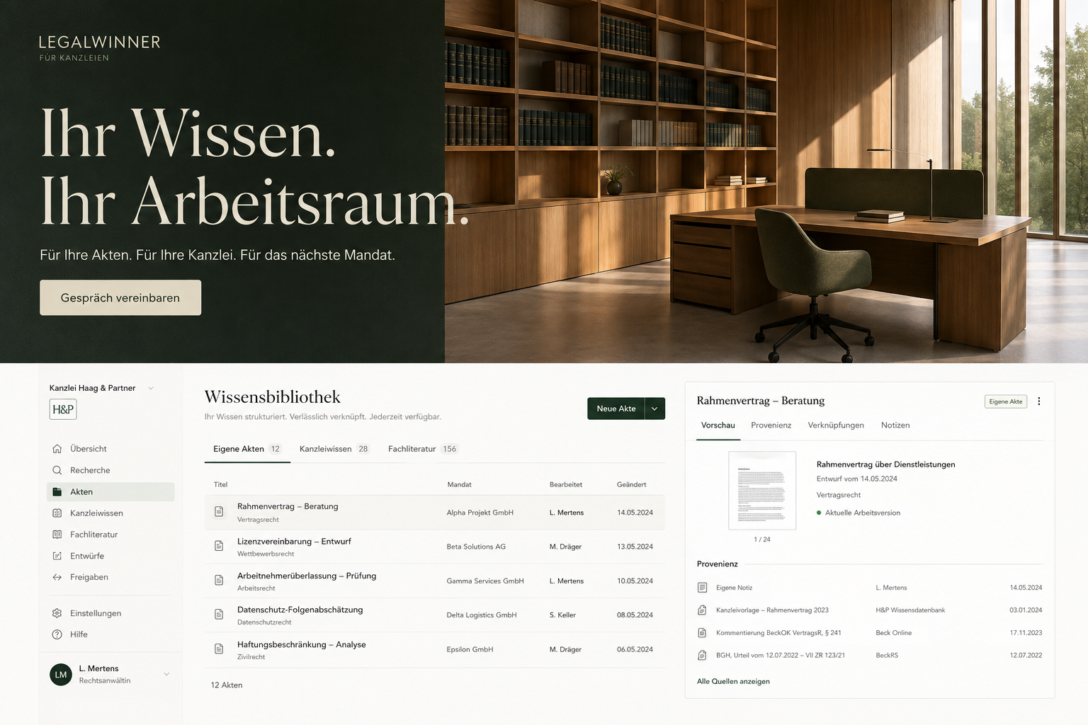 Kanzleihaus: visuelles Konzept für Landingpage und juristischen Arbeitsraum