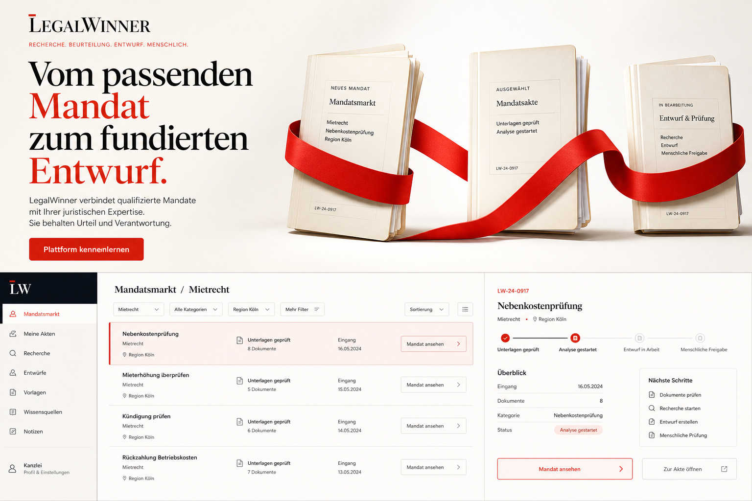 Mandatsweg: visuelles Konzept für Landingpage und juristischen Arbeitsraum