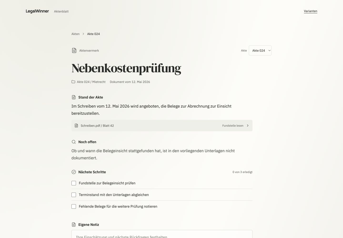Aktenblatt: bedienbarer juristischer Arbeitsraum
